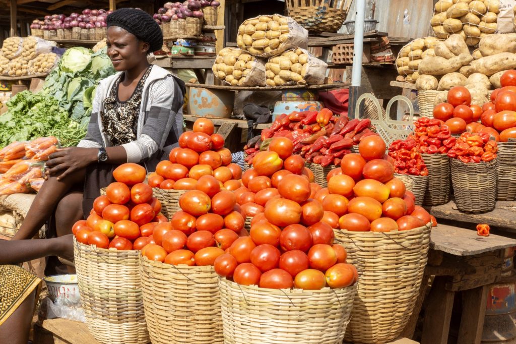 A Nigerian produce seller with baskets of fresh tomatoes, potatoes and vegetables